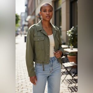 SUZY Shier Cropped Utility Jacket Green Military Style Cotton Size L